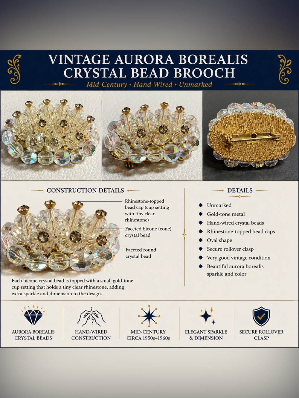 Vintage Aurora Borealis Crystal Bead Brooch - Gold-Tone